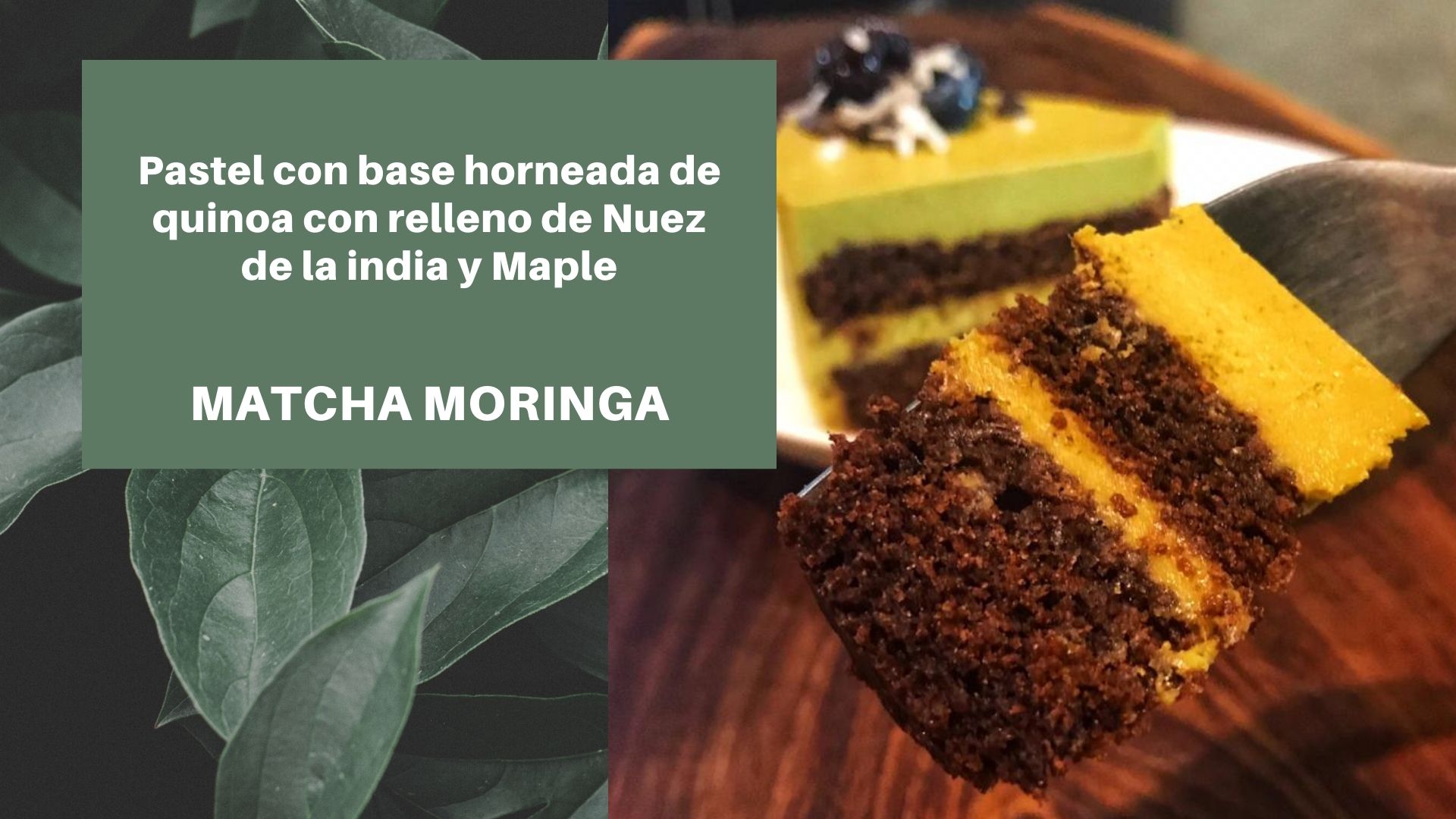Pastel de Nuez de la India con Matcha y Moringa. en canasta en casa